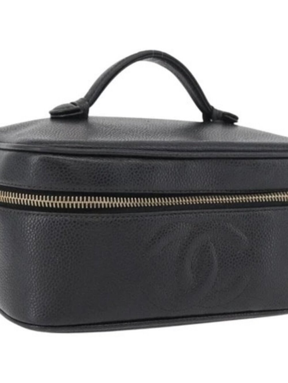 CHANEL Vanity Cosmetic Pouch Grained Calf Skin Black Gold CC Auth 175587